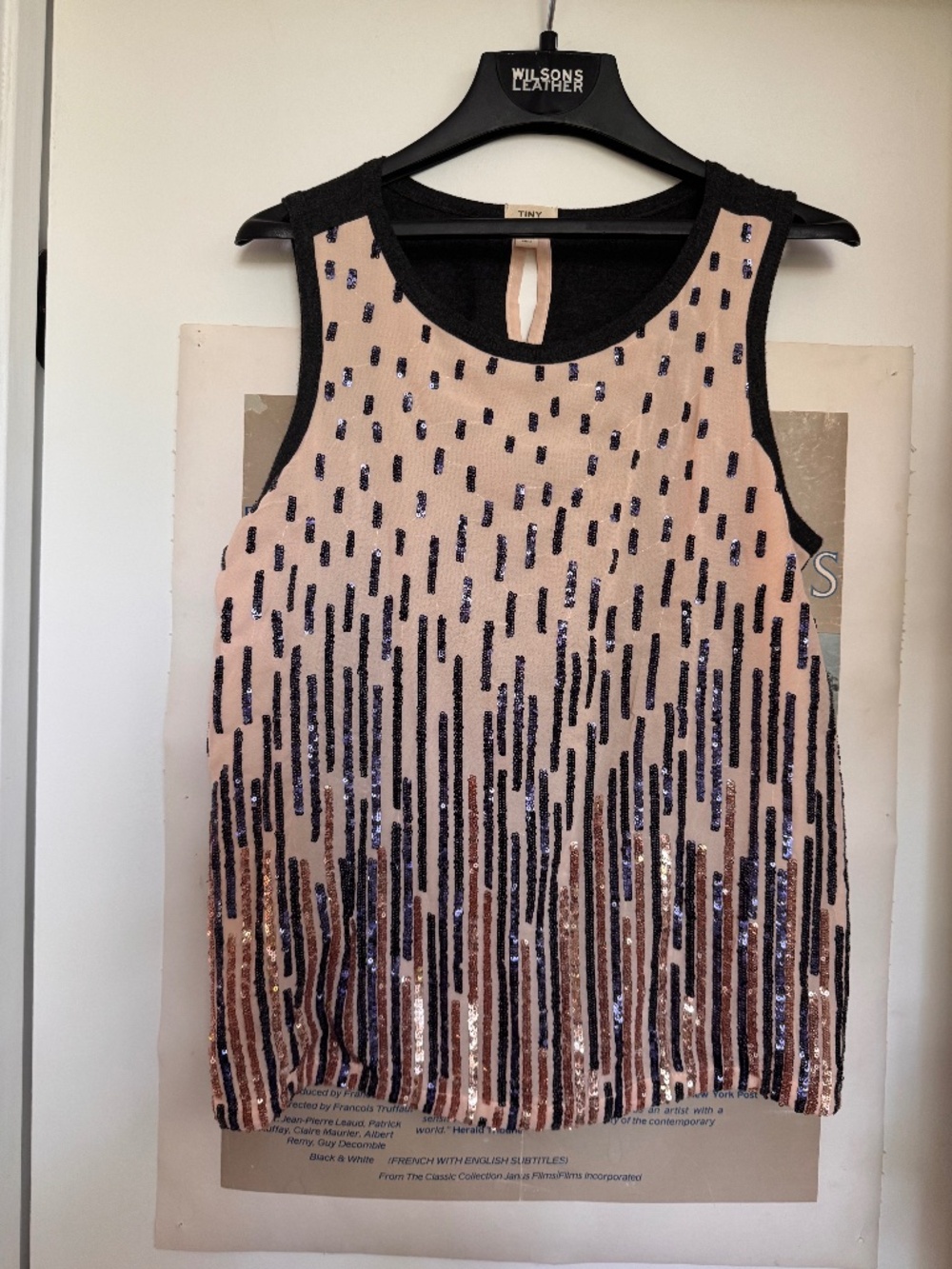 Anthropologie Tiny Sequin Embellished Tank Top Blush Navy Size M